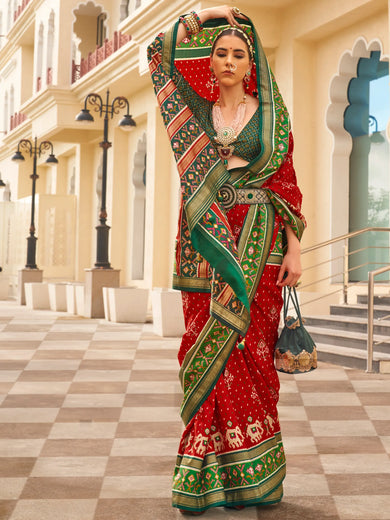 Fabulous Red Patola Printed Silk Wedding Wear Saree With Blouse